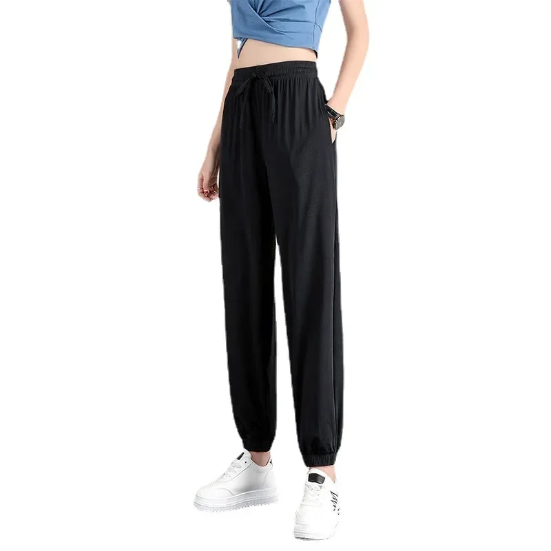 Large Size Ice Silk Wide Leg Bloomers Pants Women's Summer Thin Drape Loose Straight Casual Pants Student Sports Cool Sweatpants
