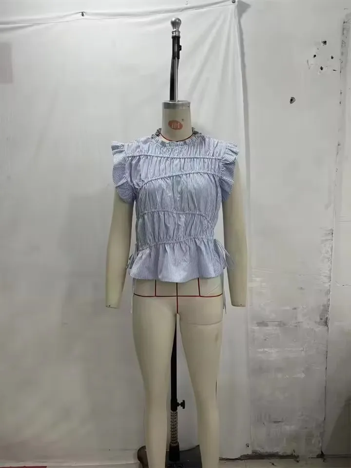 Women's Casual Stretch Striped Blouse with Lace-Up New Simple Women O-Neck Sleeveless Shirts & Blousers Female Chic Tops