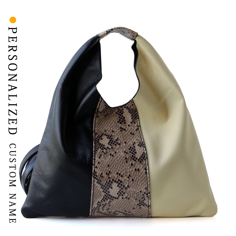 Unique Design Goatskin Bag Triangular Shape Snake Print Contrast Color Handheld Purse Simple Stylish Crossbody Tote woman bag