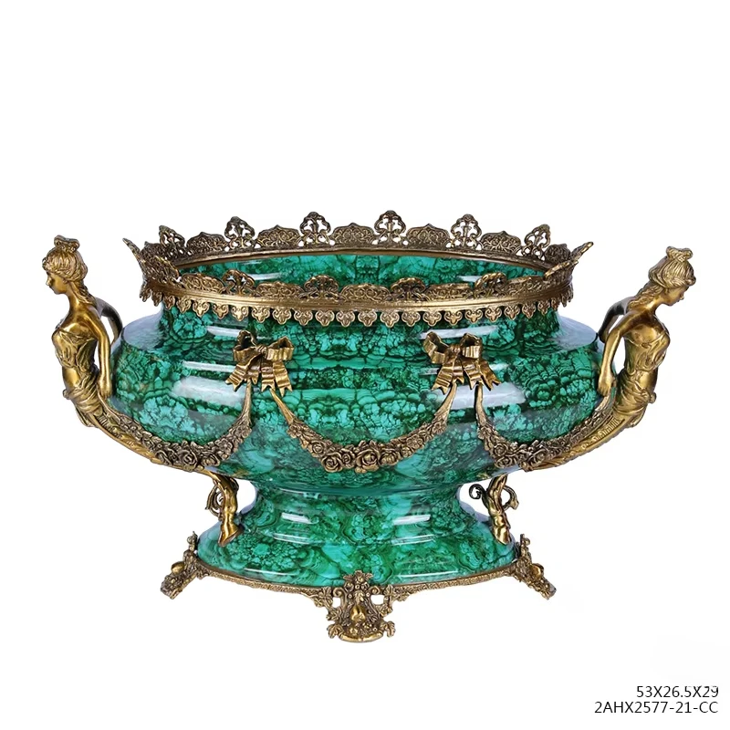 مزهرية ملونة من البورسلين الأزرق والأبيض العتيق، وإكسسوارات منزلية نحاسية #3