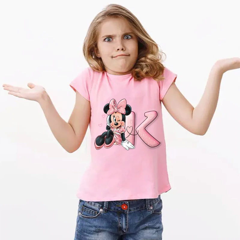 Mickey Minnie Mouse Girls T Shirt Clothes Tops Children\'s Clothing Letter A-Z Boys Short Sleeve Children Summer Clothes Kid Gift