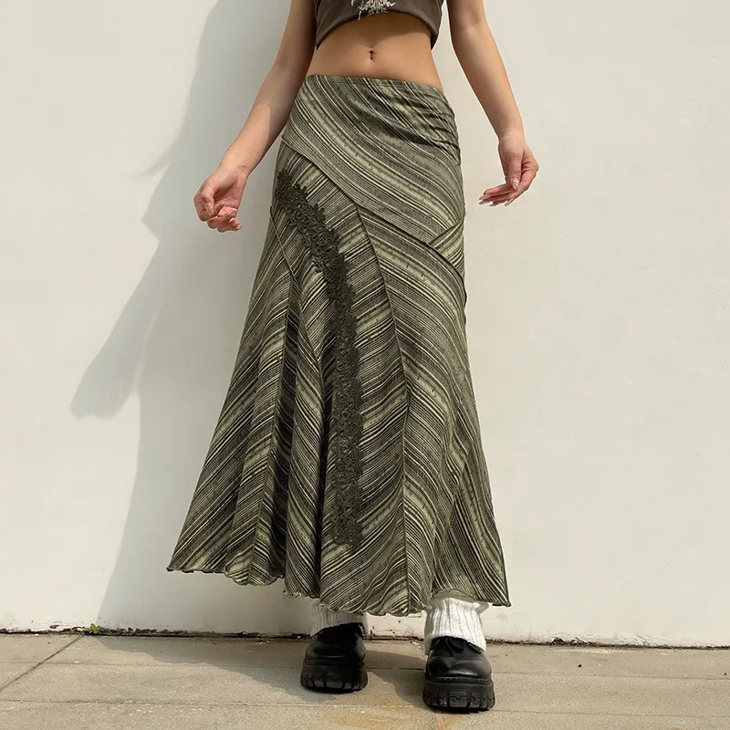 Forest Style Girl Retro Print Asymmetric Pleated Lace Skirt Spring & Summer Fashion New Stylish Wrap Hip Midi Skirts for Women