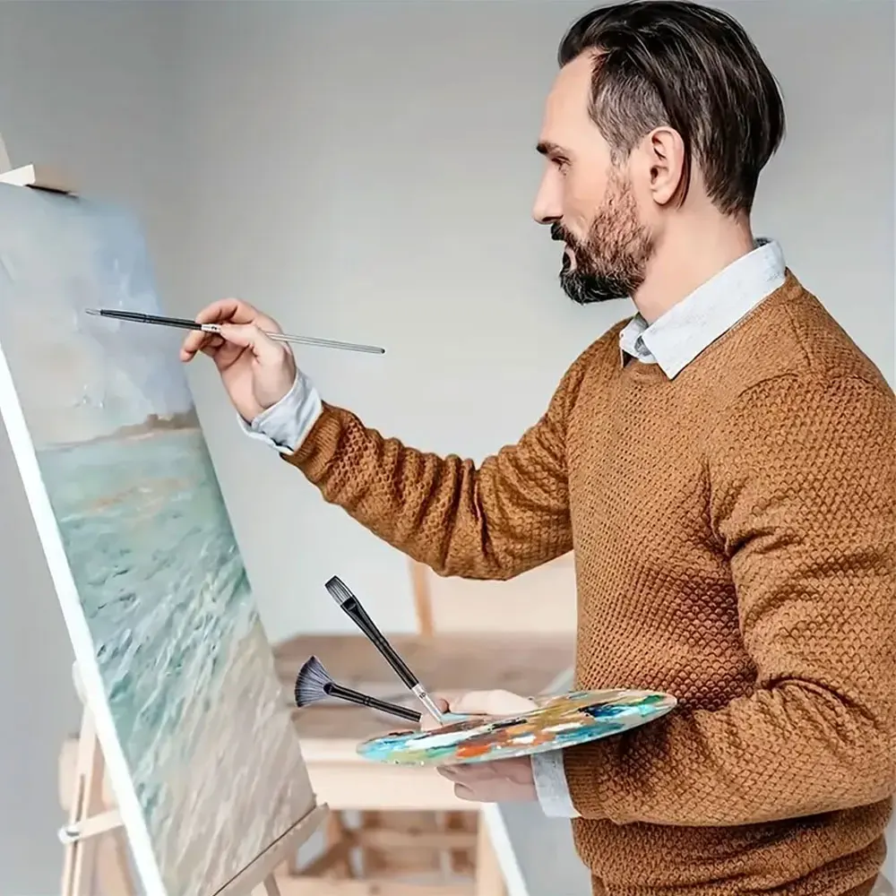 مجموعة فرش مكونة من 24 شكلًا مختلفًا باللون الرمادي الفضي وحقيبة تخزين من القماش سهلة الحمل ومناسبة لمستلزمات الرسم الزيتي المائية والزيتية #5