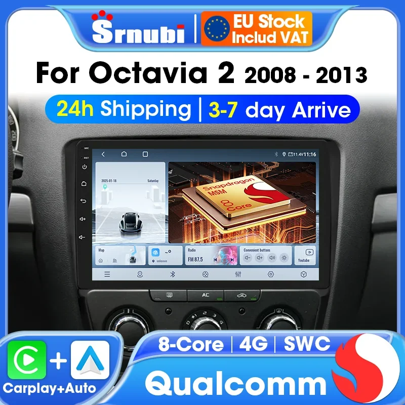 Carplay for Skoda Octavia 2 A5 2004-2013 Android Auto Radio Multimedia Car Stereo Audio 4G WiFi BT Display Screen Navigation GPS