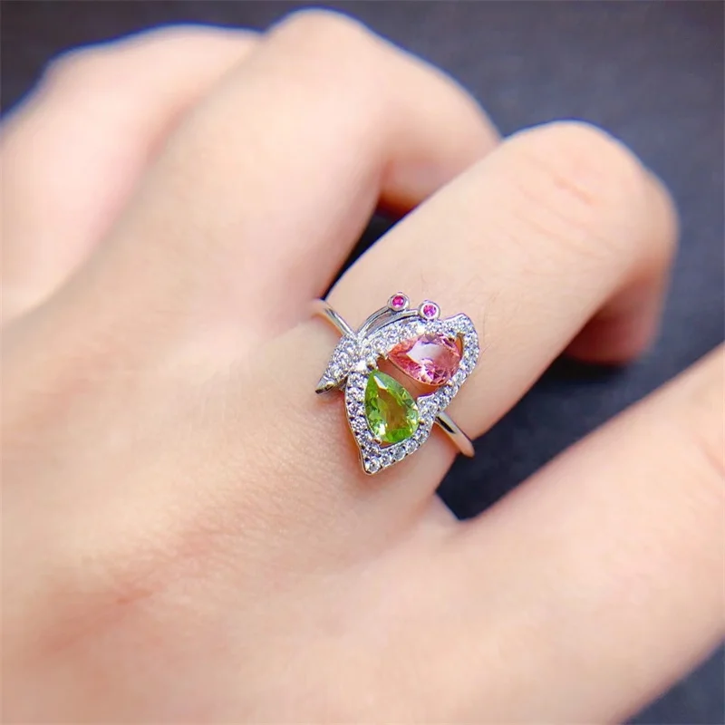 Authentic S925 Silver Butterfly Shape Tourmaline Ring for Women with Certificate