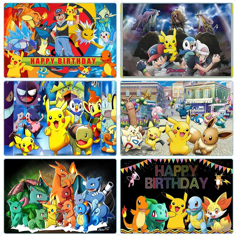 Happy Birthday Party Pokemon Backdrop Decoration Kids Boy Baby Shower Pikachu Anime Photography Background Banner Vinyl Poster