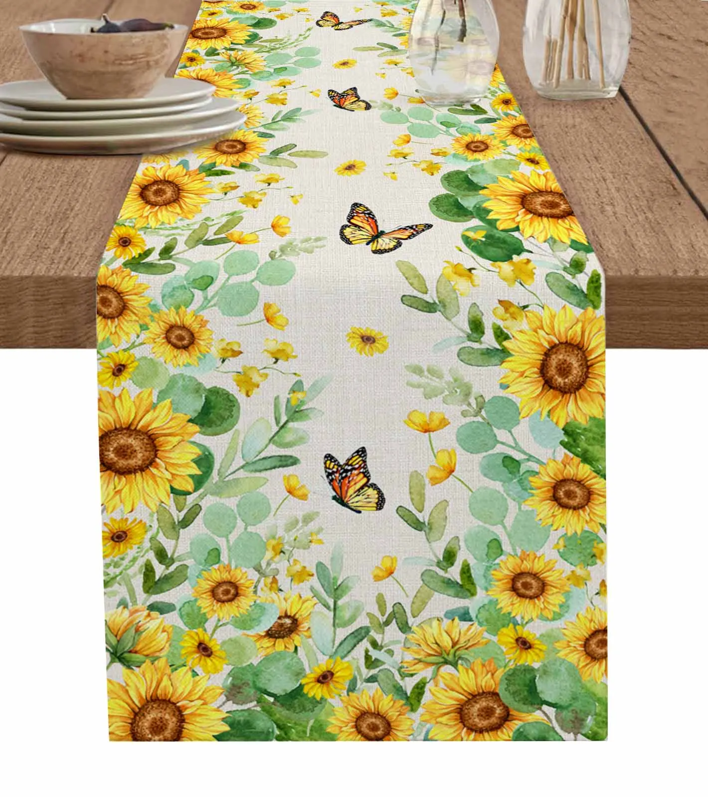 

Винтажные льняные настольные дорожки с подсолнухами, листьями, бабочками, подсолнухами, Настольные принадлежности для свадебной вечеринки