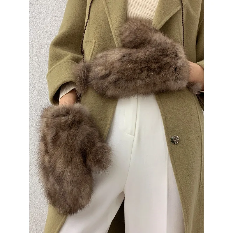 Temperament Sable Hair Fingers Fur Gloves Women's Winter Warm Mink Real Hair Elastic Weaving Neck Fur Gloves