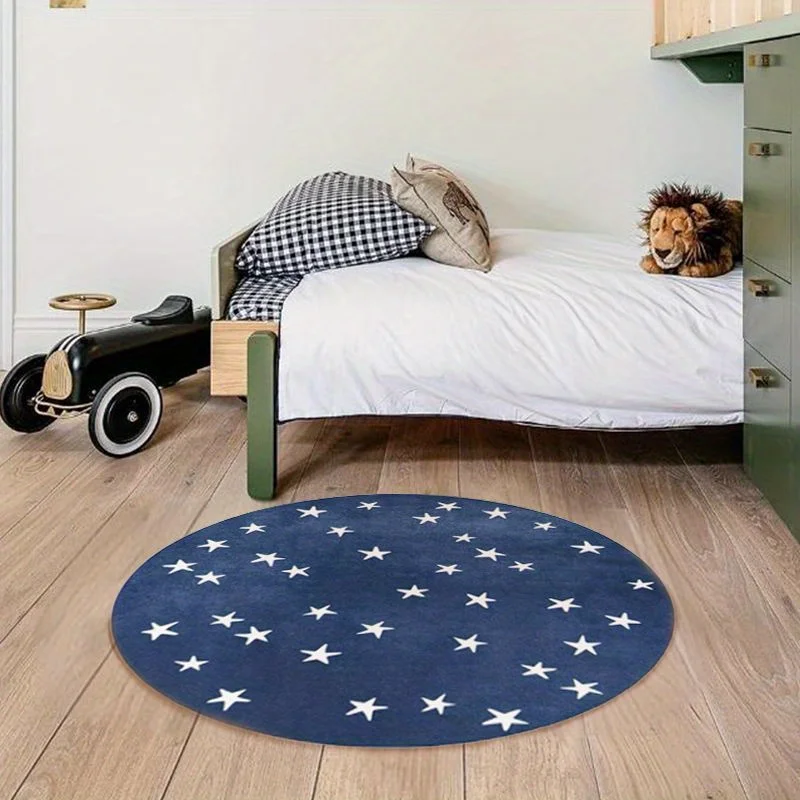 Starry Blue Round Rug Flannel Kids Room Nursery Play Area Soft Comfortable Floor Mat Childrens Bedroom Decor