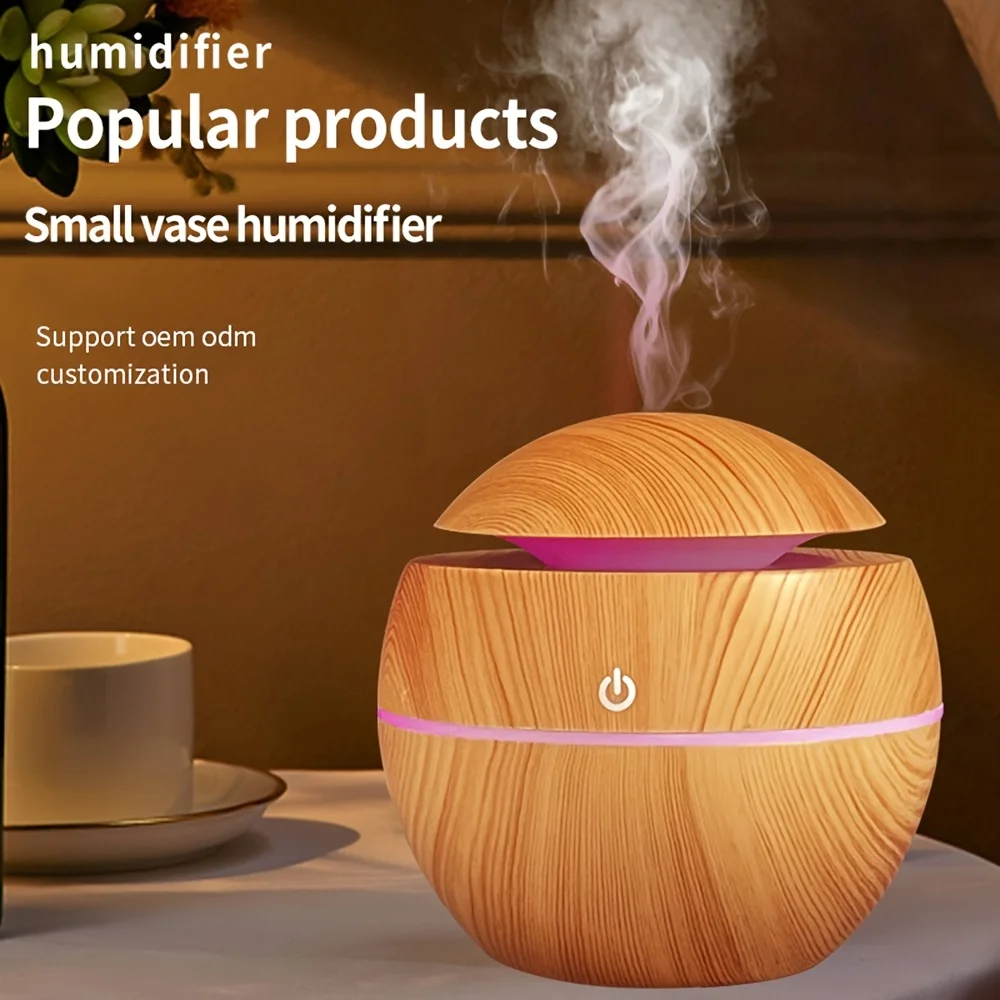 4.4oz Wooden Ultrasonic Electric Air Humidifier Home Aromatherapy Machine Essential Oil Aromatherapy Cold Mist With 2 Oils