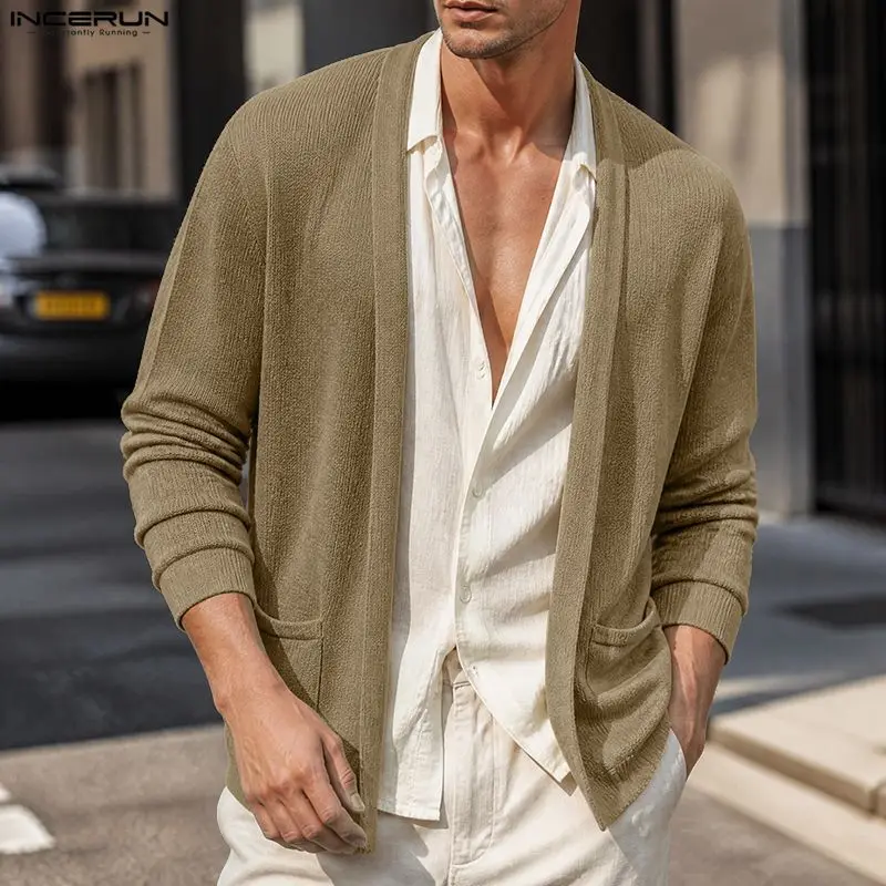 INCERUN Men's Cardigan Solid Color Knitted Long Sleeve Pockets Casual Sweaters For Man Streetwear Open Stitch Men Clothes 2026