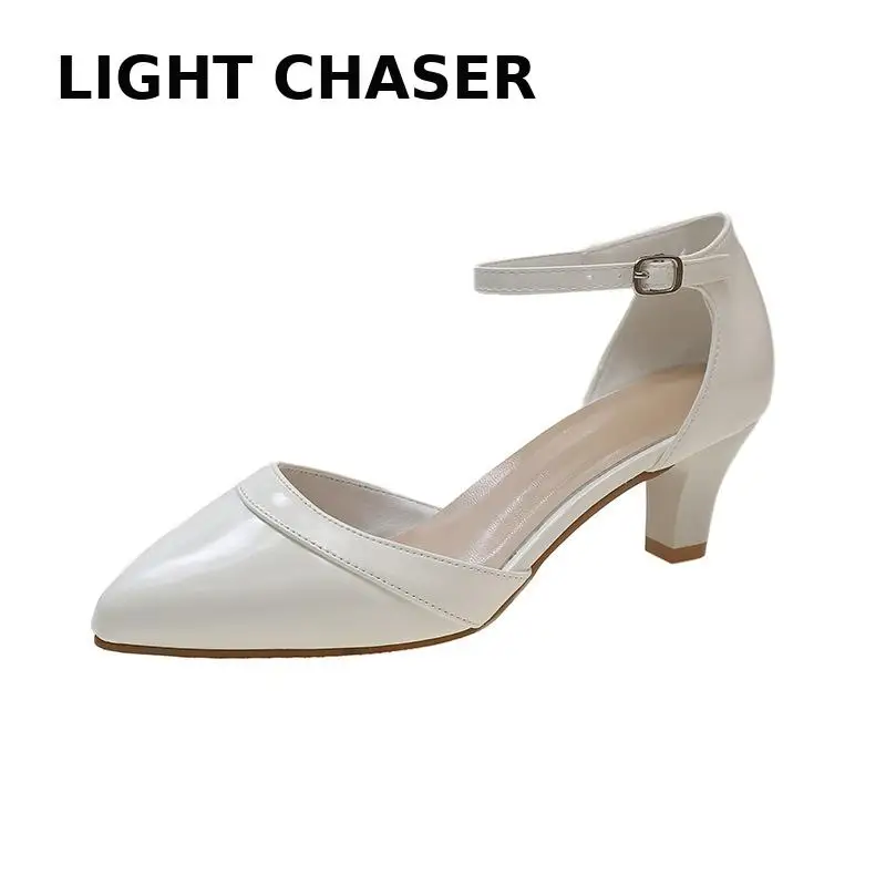 Spring Autumn Pointed Thick Heel Hollow Single Shoes Women's New Summer Bag With A Word Buckle Large Size Women's High Heels