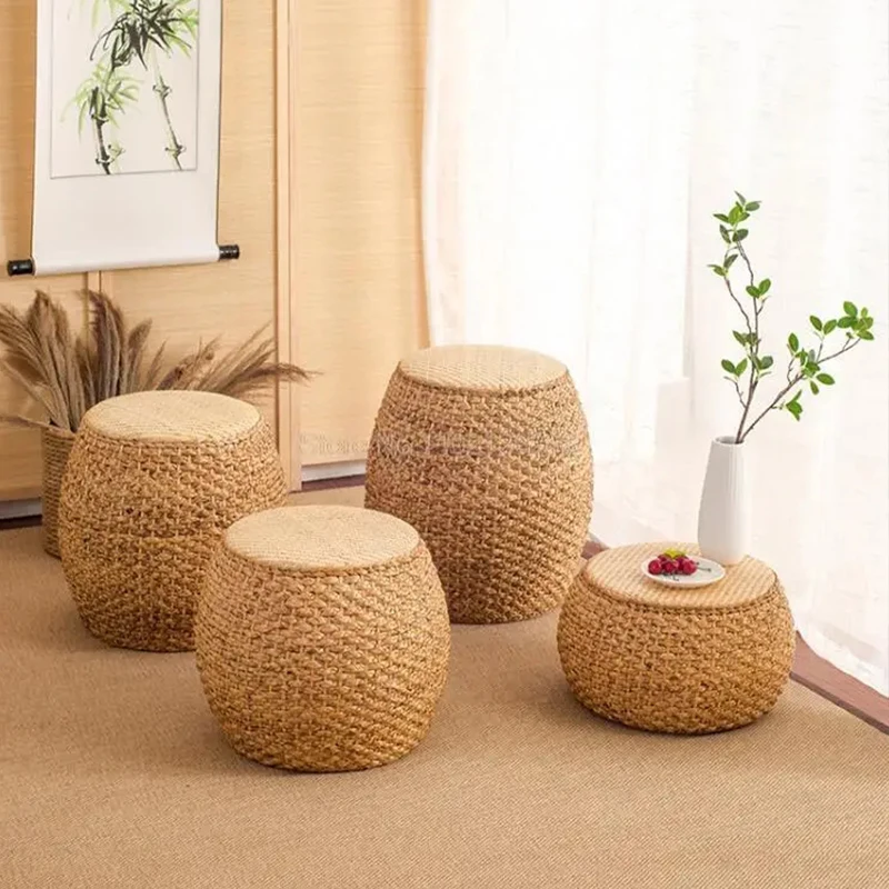Taburete pequeño de ratán para el hogar, reposapiés otomano redondo moderno para sala de estar, silla de ratán moderna para dormitorio