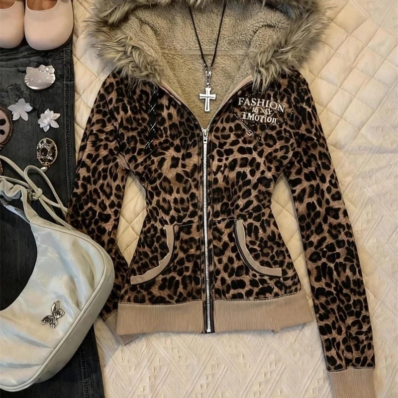 

New Trendy Zip Up Coat Mens And Womens Leopard Print Frayed Hooded Jacket Warm And Casual Y2K Winter Street Harajuku Zip Up Coat