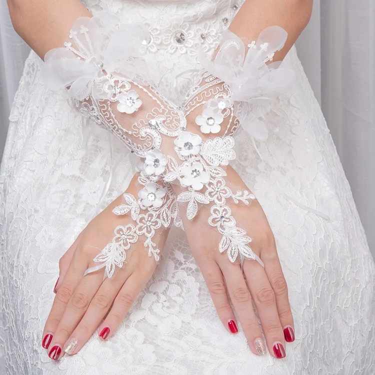 Fingerless Wedding Gloves Elbow Length Lace Applique Floral Bride Gloves Rhinestone Flower Bridal Accessory Formal Party Sleeves