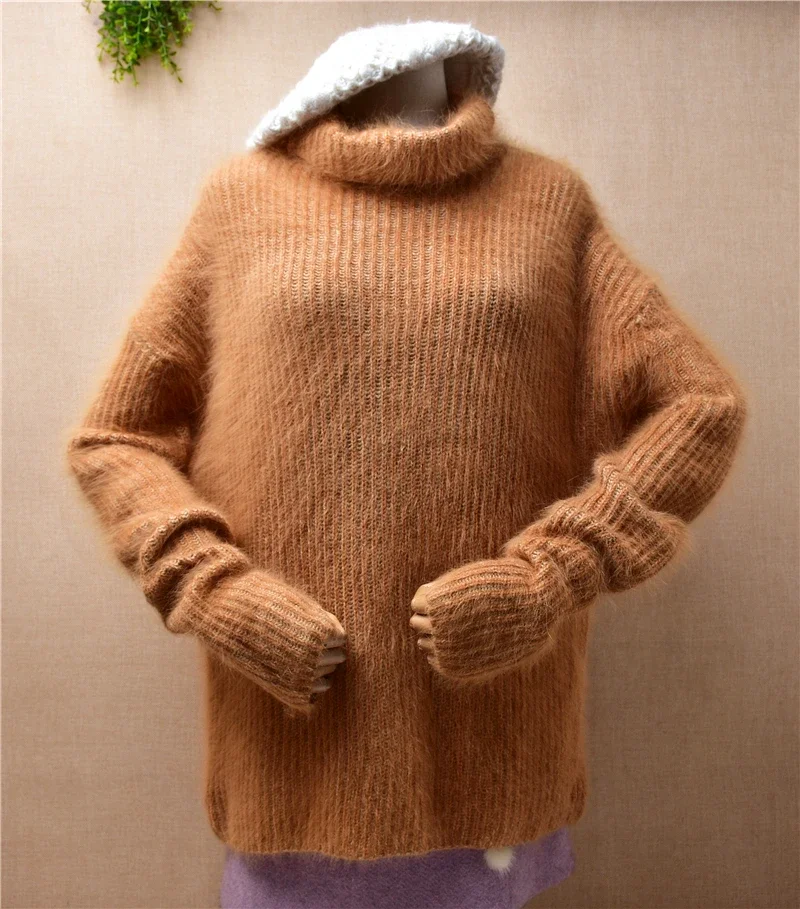 

Ladies Women Fashion Fall Winter Striped Hairy Angora Rabbit Hair Knitted Turtleneck Long Sleeves Slim Blouses Pullover Sweater