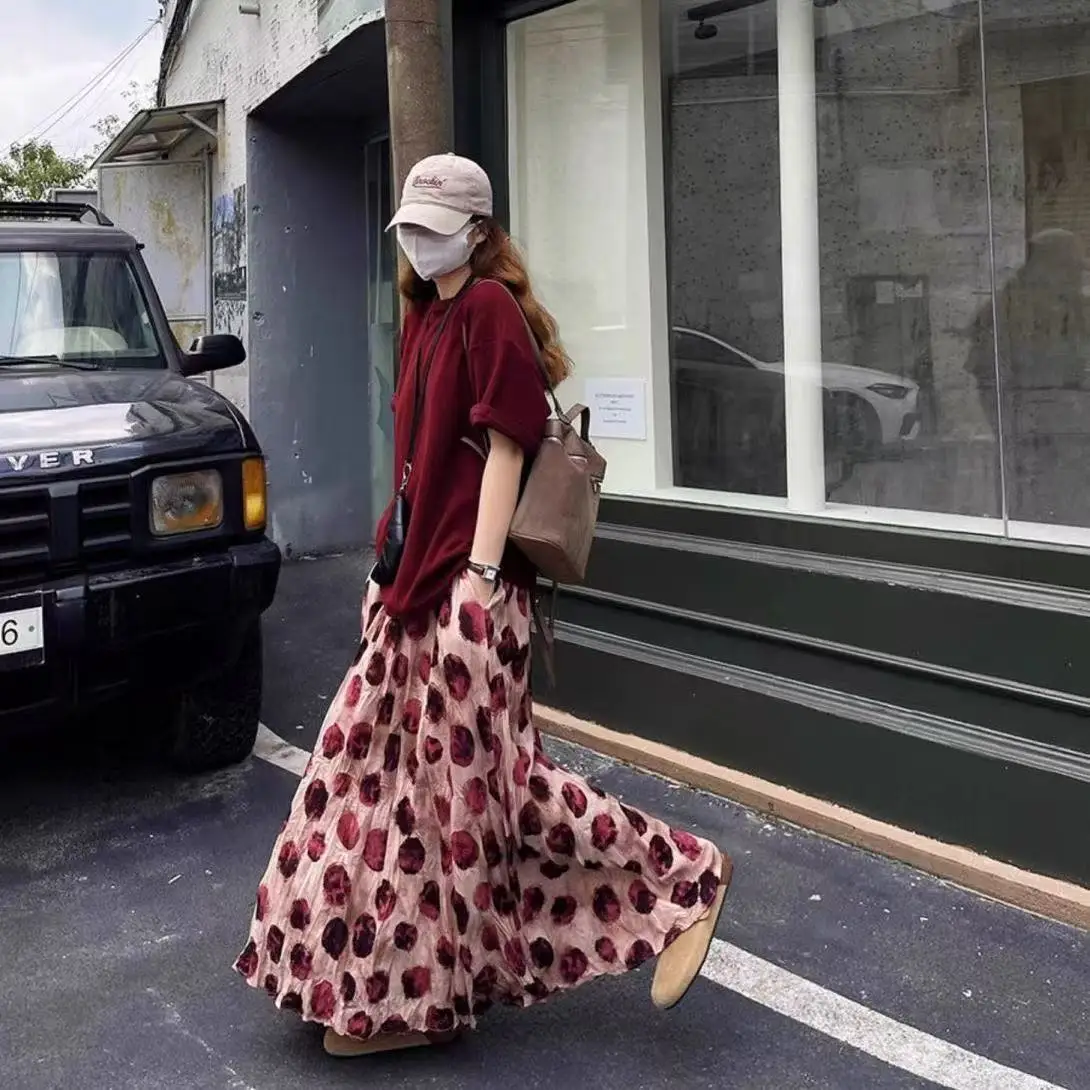 2026 New Vacation Swing Skirt Polka Dot Long Skirt High Waist Large Size Wrinkled Drape A Word Skirt
