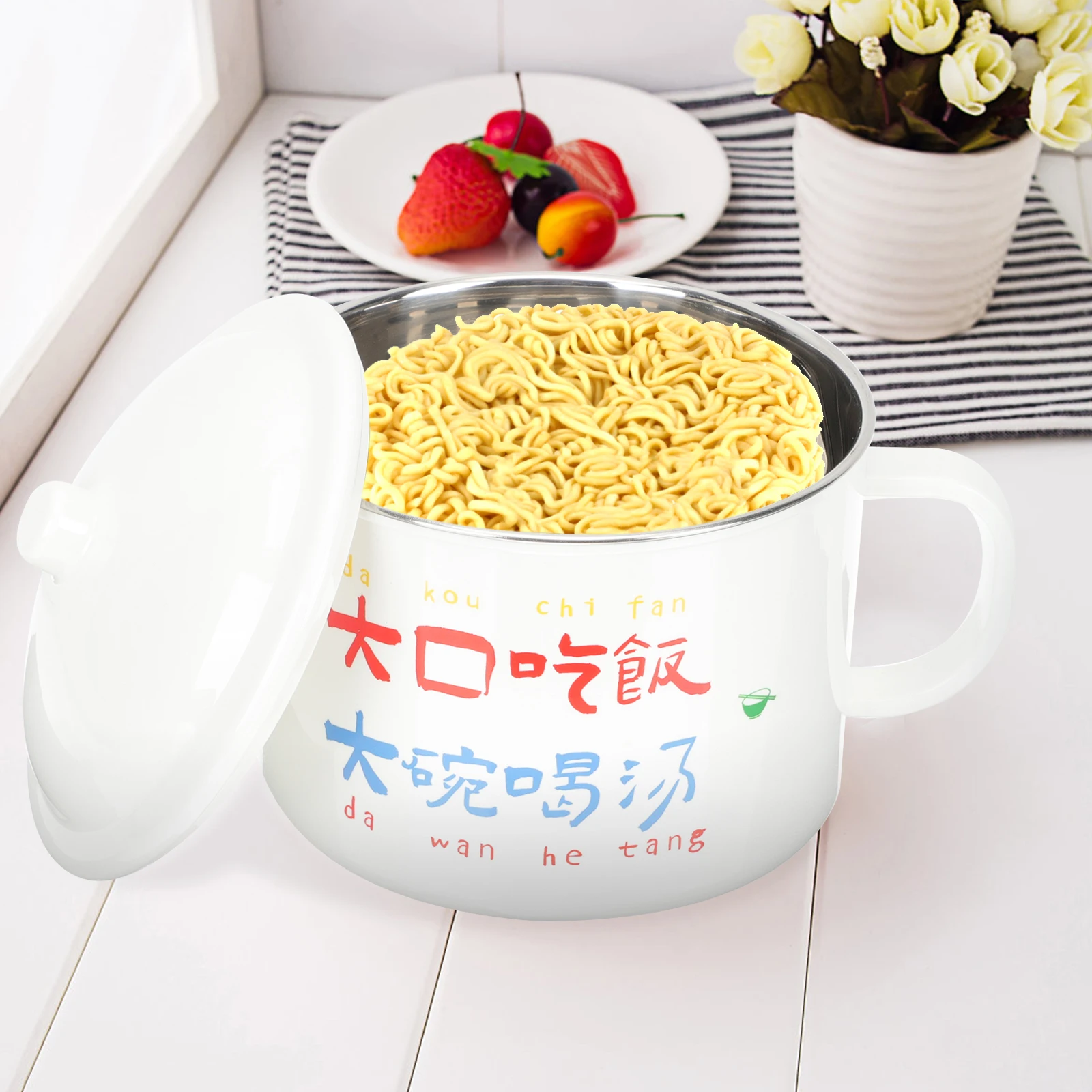 

Instant Noodle Bowl Stainless Steel Soup Ramen Kitchen Bowls Leak Proof Seal Cover Anti Scald H Holder Design Elegant