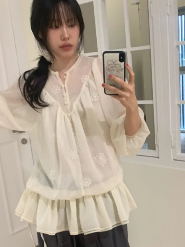 

Ele Women's Long Sve Chiffon irt Sweet Dstring Hem Ruffle Trim Vintage Floral Print Casual Office Wear Top