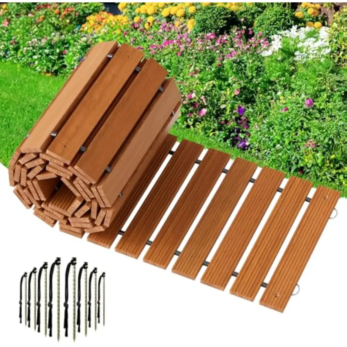 Natural Wood Garden Walkway Rollout 12 Feet Long Rustic Style Outdoor Pathway for Grass Gravel Sand Snow Muddy Ground Non-Slip W