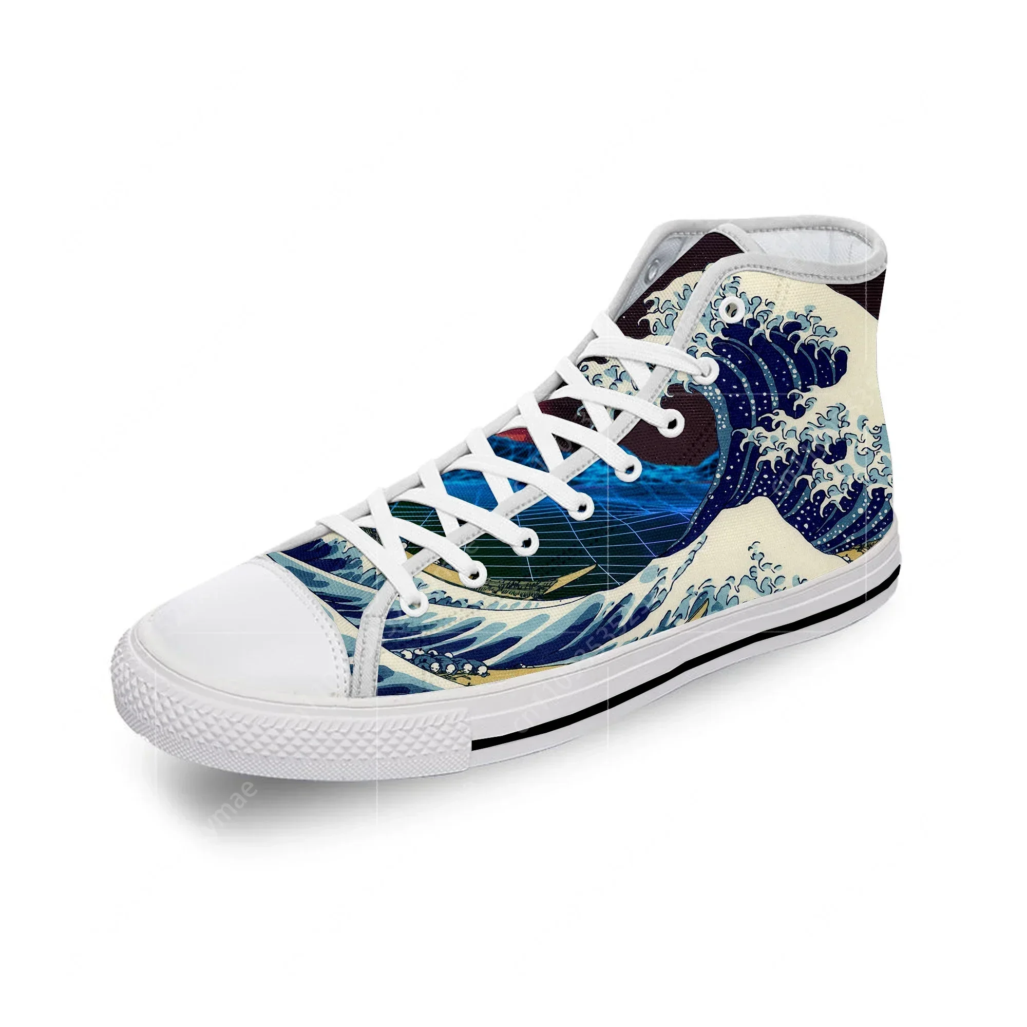 Japanese Vaporwave Great Wave Off White Cloth Fashion 3D Print High Top Canvas Shoes Men Women Lightweight Breathable Sneakers