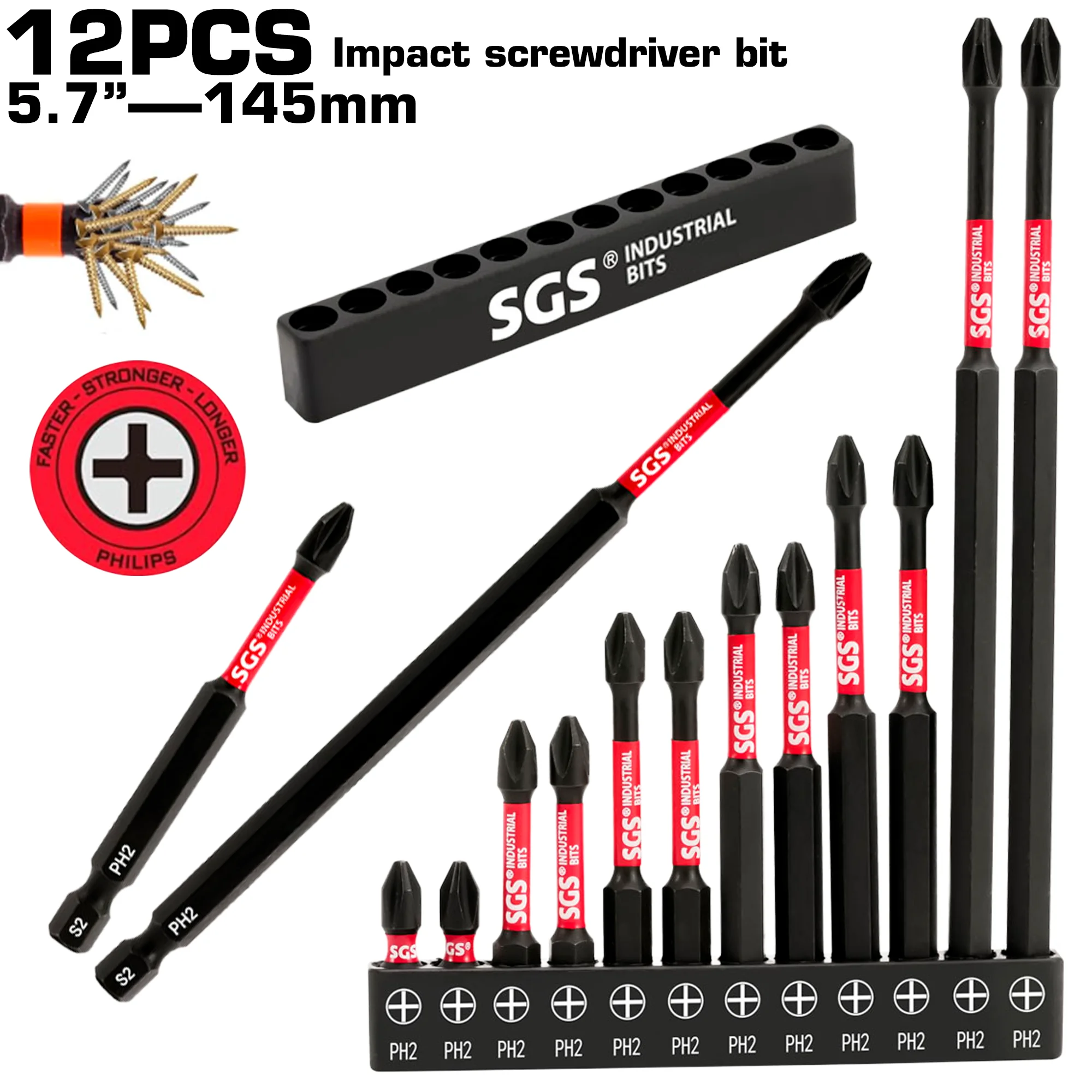 

12Pcs 25/50/65/75/90mm S2 Steel Impact-Resistant Rust-Proof Black and Red Dual-Color Phillips (Ph) Screwdriver Bit Set, Preferred Repair Tool in Various Sizes