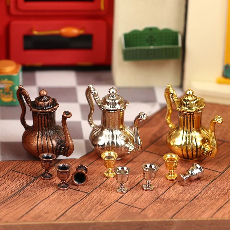 Doll House Miniature Metal Tea Cup Set Doll House Pretend Play Furniture Miniature Dining Ware Toy Teapot Cup Set Wine Jug