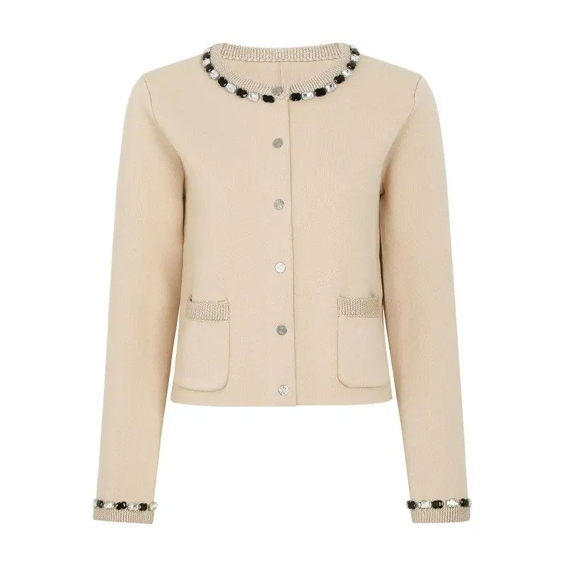 

Handmade Beaded Knitted Sweater Women's Fashion Hidden Button Style European Style Long Sleeve round Neck Cardigan Spring 2026
