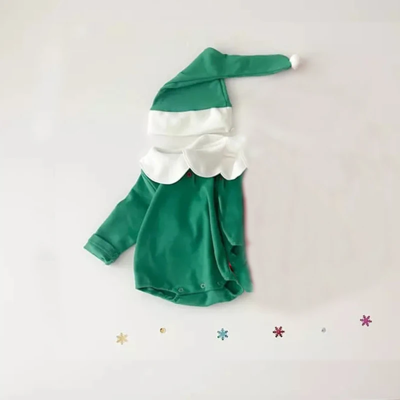 Christmas Baby Clothing Red Green Solid Color Romper Hat 2pcs Sets Infant Boy Girl Festival Xmas Clothes New Year Jumpsuit