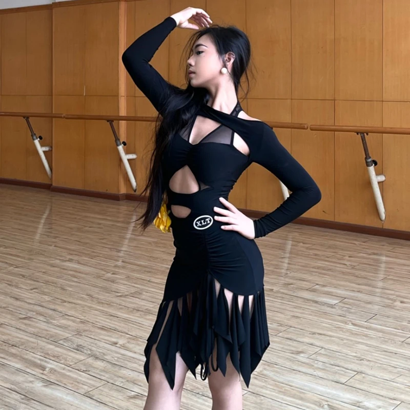 

Irregular Black Latin Tops Long Sleeves Fringe Skirt Women Performance Clothing Rumba Salsa Dance Dress Practice Wear DNV20844