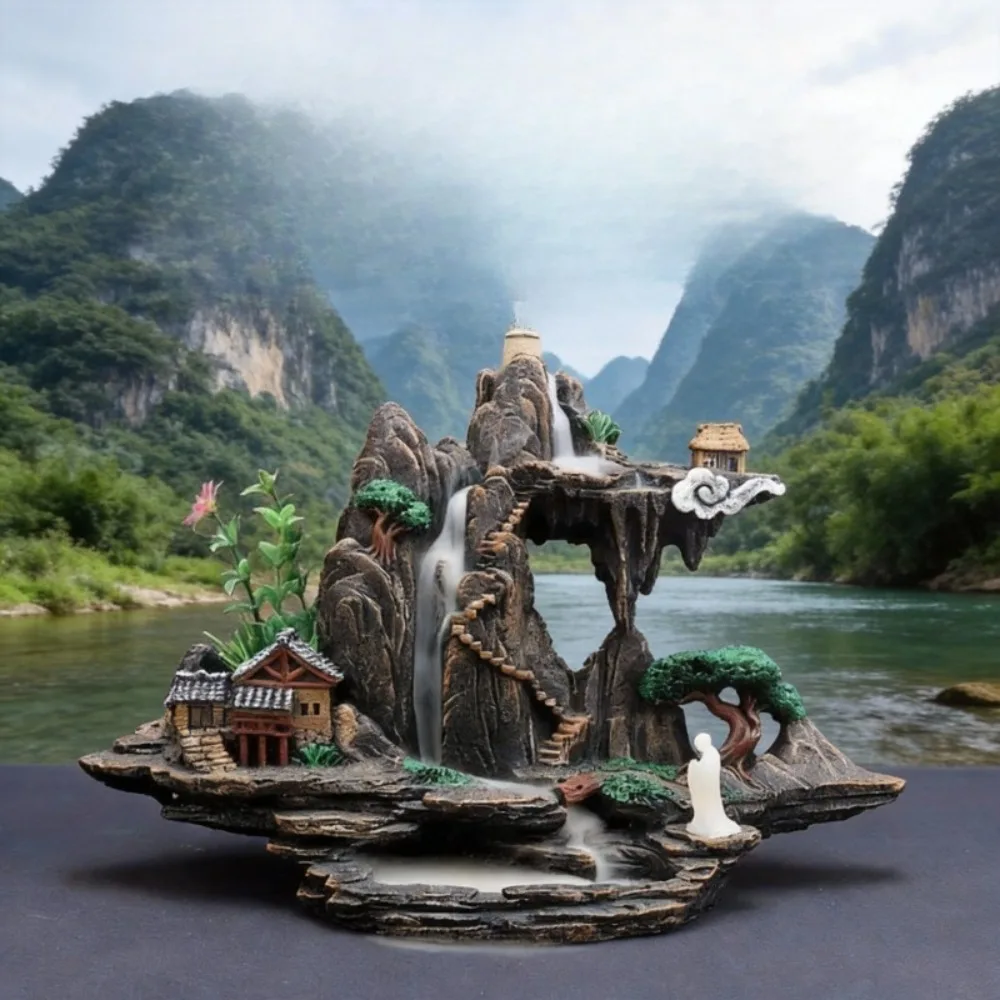 Large Backflow Incense Fountain with Purple Mist, Resin Waterfall Burner for Zen Home Decor, Meditation Relaxation Artistic Gift