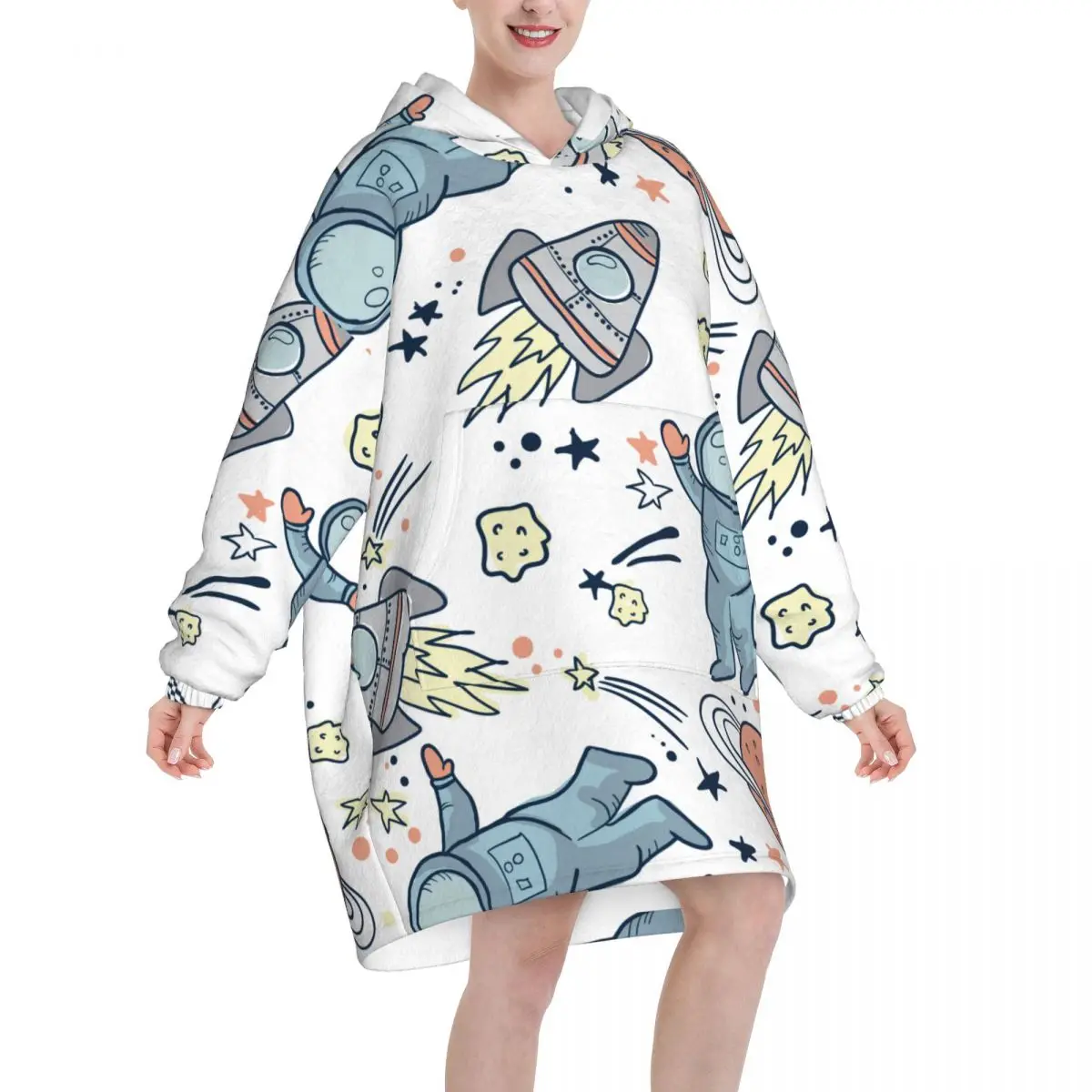 Cartoon Space Rockets Planets Stars Oversized Blanket Hoodie Women Men Wearable Fleece Pullover Soft Warm Cozy