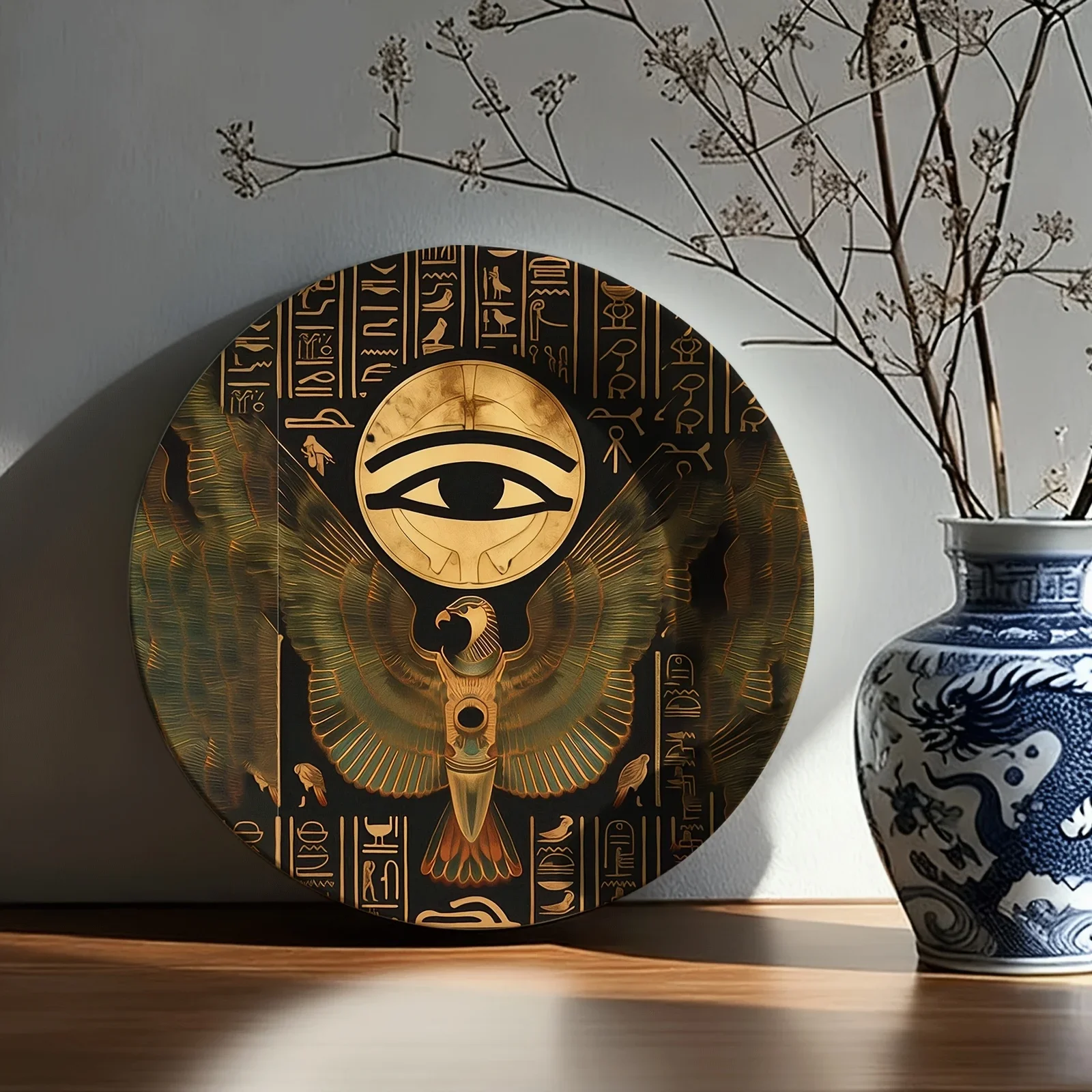 1pc of colorful ceramic plate with eagle and eye design surrounded by Egyptian hieroglyphics, modern ceramic decorative plate,