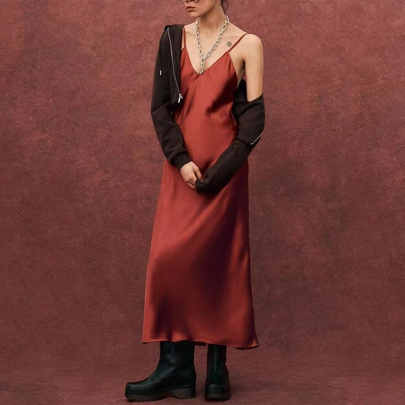 2025 Summer New Women's Faion Satin Nightgown Dr High Waist A-Line Long Skirt V-Ne Svel Polyester Blend Gown