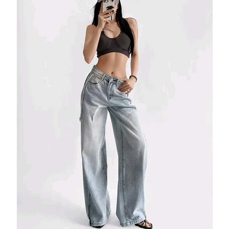 

Spring Summer Women's American Sle Small Size Zipper Heavy Du Wide Leg Casual Loose High Waist Jeans Long Pants