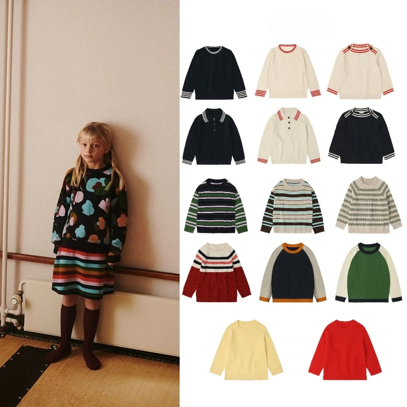 Ins-style AW25 الخريف والشتاء مجموعات الأطفال ارتداء محبوك سترة جاكار سترة صبي فتاة طويلة الأكمام بولو سترة السراويل