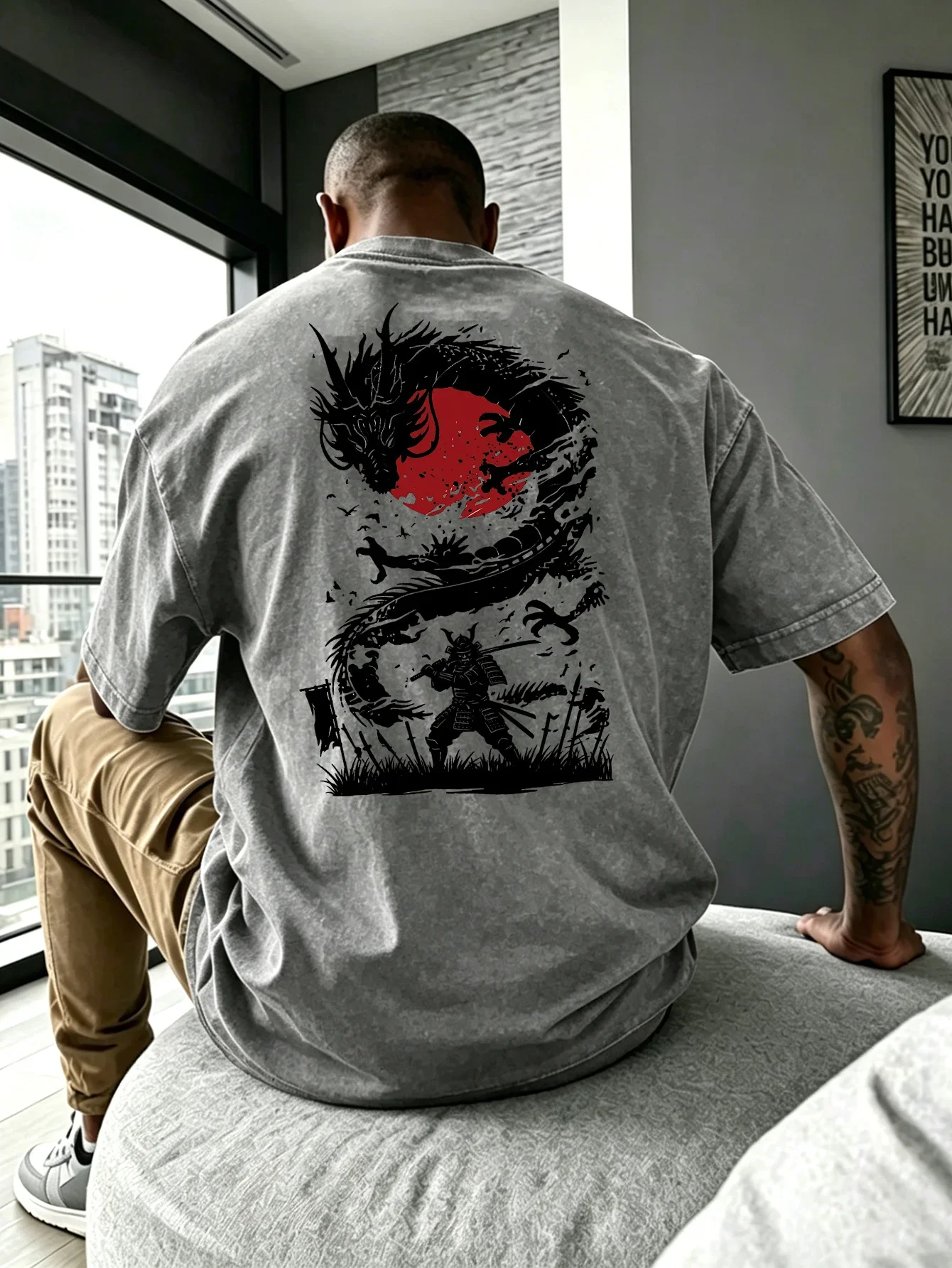 Men's Heavyweight T-shirt Oriental Dragon Red Sun Silhouette Print Vintage Acid Wash Streetwear Fitness Short Sleeve S-3XL