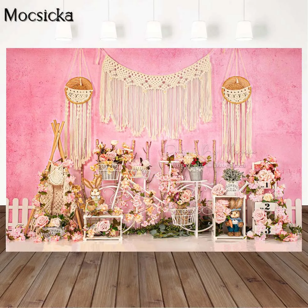 

Mocsicka Pink Wall Spring Easter Photography Background Newborn Baptism Backdrop 1st Birthday Cake Smash Party Photocall Banner