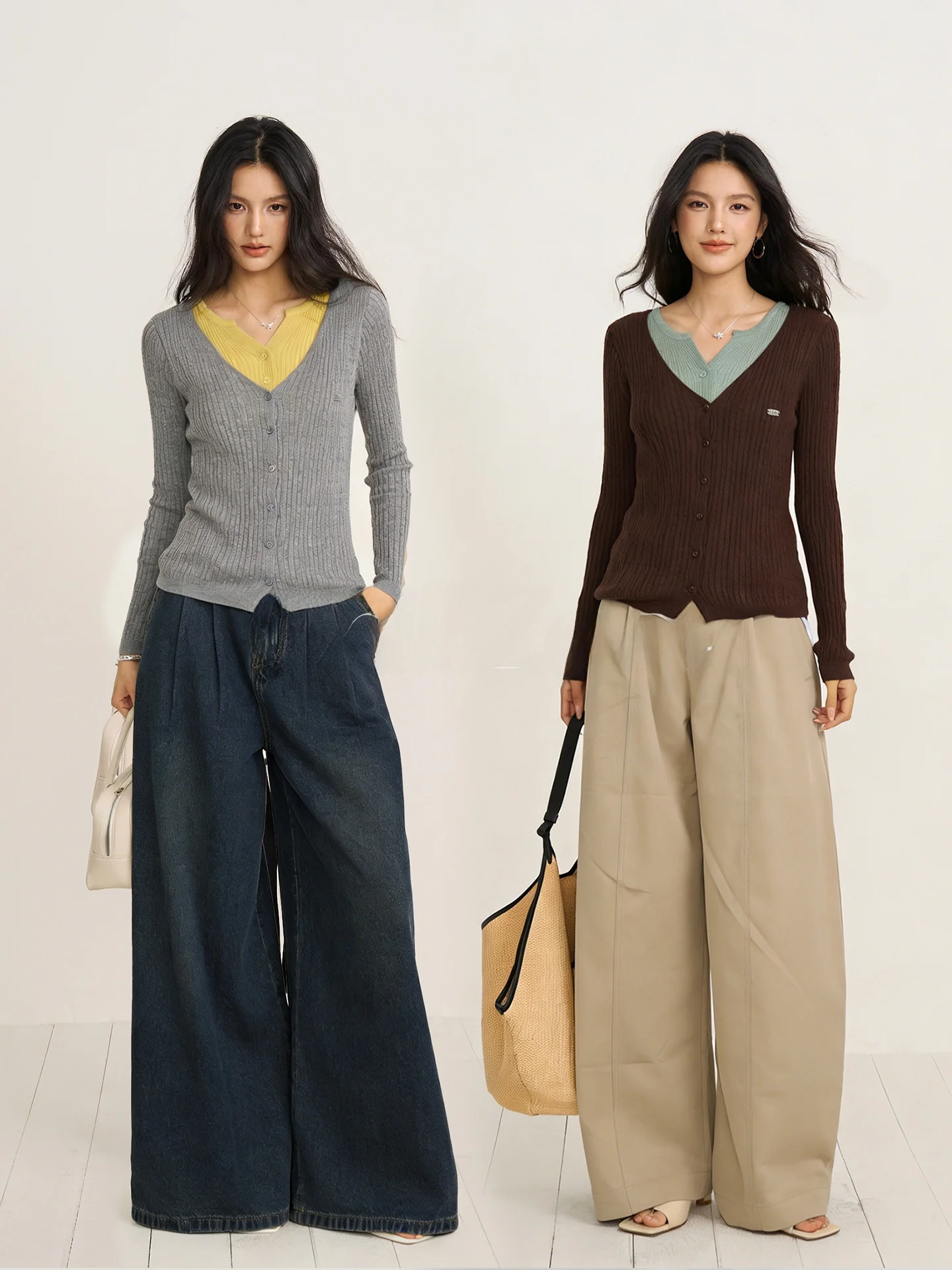 

Slimming V-Ne Knitted Long Sve Fake Two-Piece Color Blo Women's Top Soft Nylon Blend Comfortable Fit Casual Faion