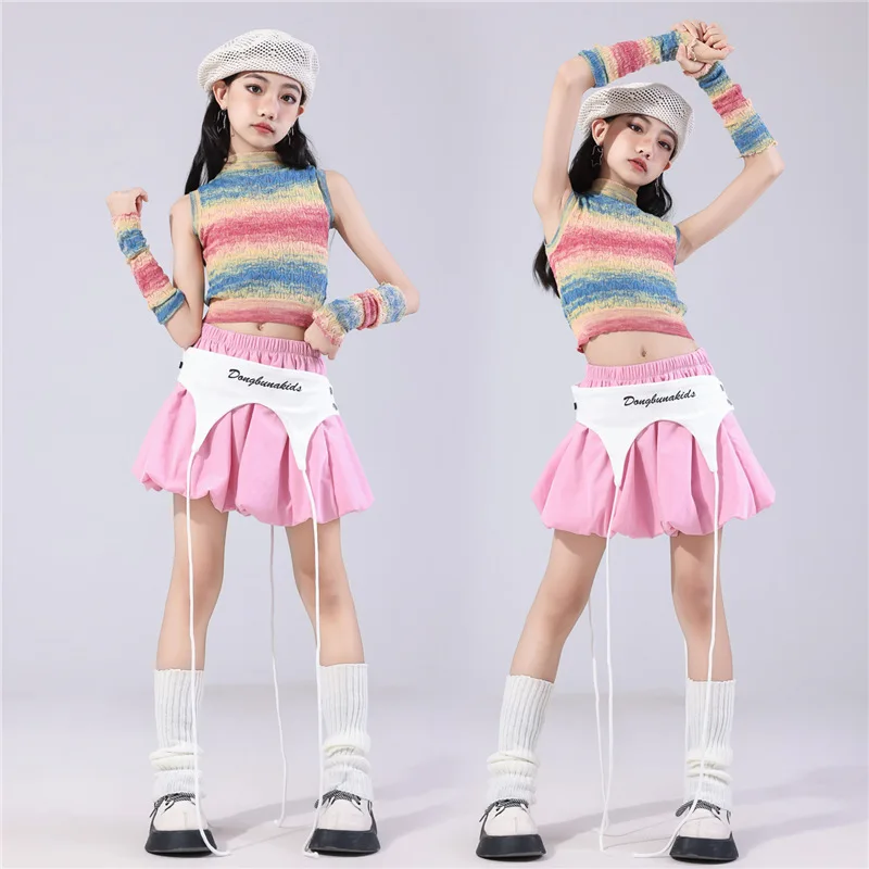 طفل ملابس رقص الجاز Kpop فتاة قبضة عرض مسرحي الزي الملونة التدرج تانك القمم الوردي تنورة المنصة أداء البدلة VBH1938