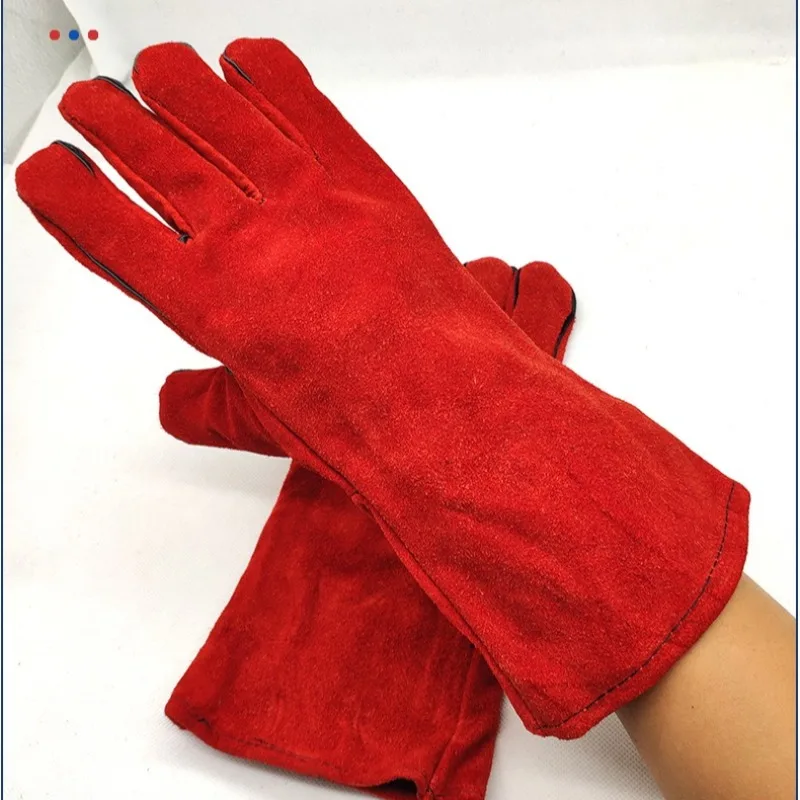 Split Cowhide Leather Welding Gloves Heat Resistant Wear Resistant Thickened Double Layer Extended Cuff Protective Glove