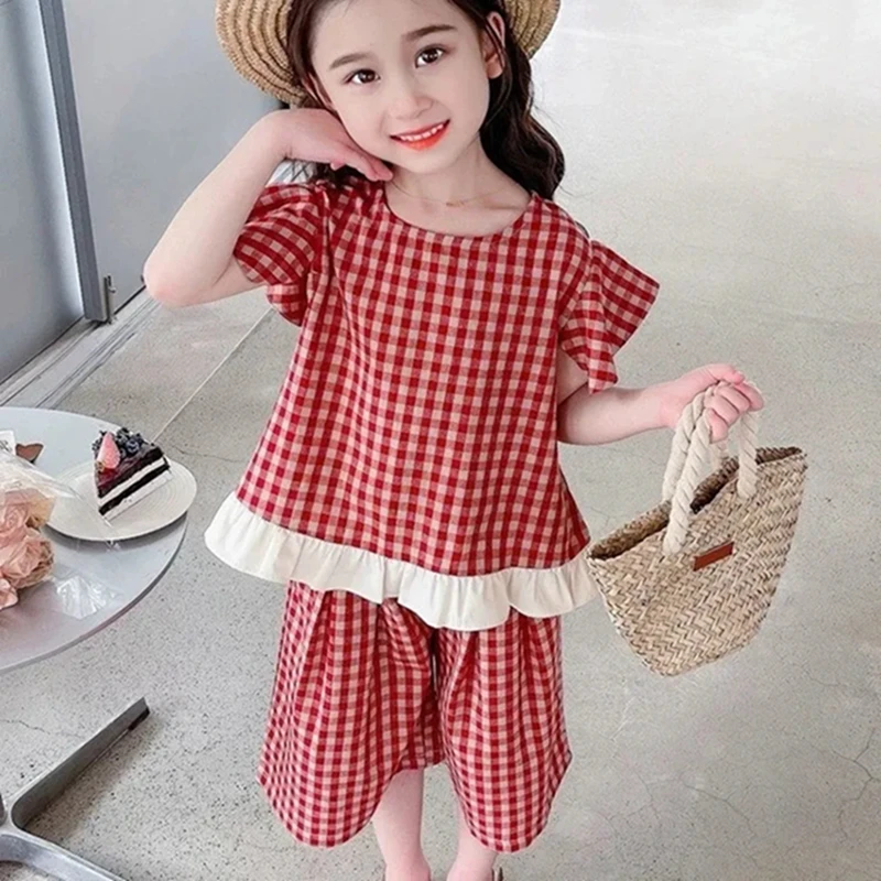 

Girls Summer Set 2Pcs Set Red Plaids Short T-shirt+Pants Kids Boutique Clothes 2-12Y Children Outfits Mum Daughter Matching Set