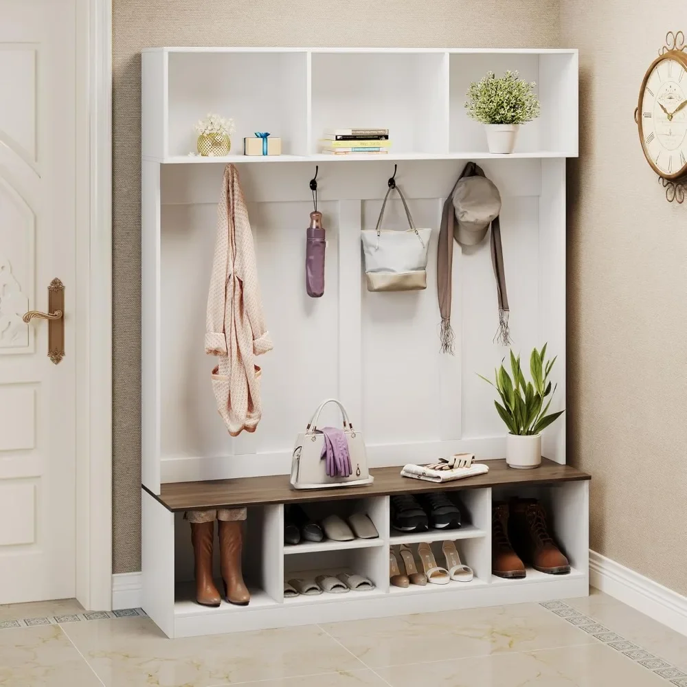 

Hall Tree with Bench and Shoe Storage, Entryway Bench with Coat Rack, Adjustable Shoe Cubbies, Open Shelves and Hanging Hooks