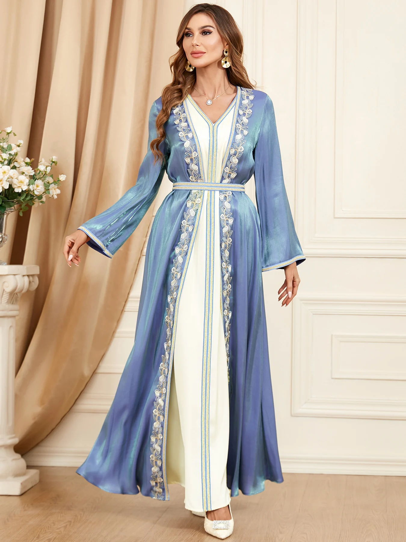 Autumn Elegant V Neck Party Dress for Women Muslim Abaya 2 Piece Set Kimono Morocco Caftan Kaftan Robe Arabic Dubai Islamic