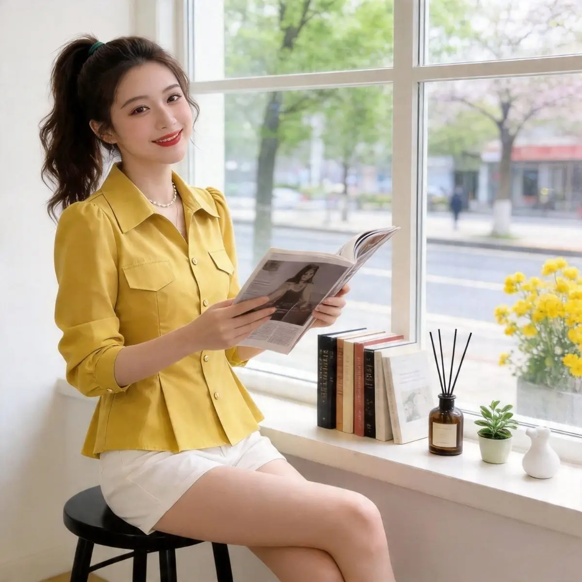 

Spring Summer New Style Women's Long Sleeve Pure Color Shirt Casual Slim Fit Collar Design Fashionable Top Belly Covering