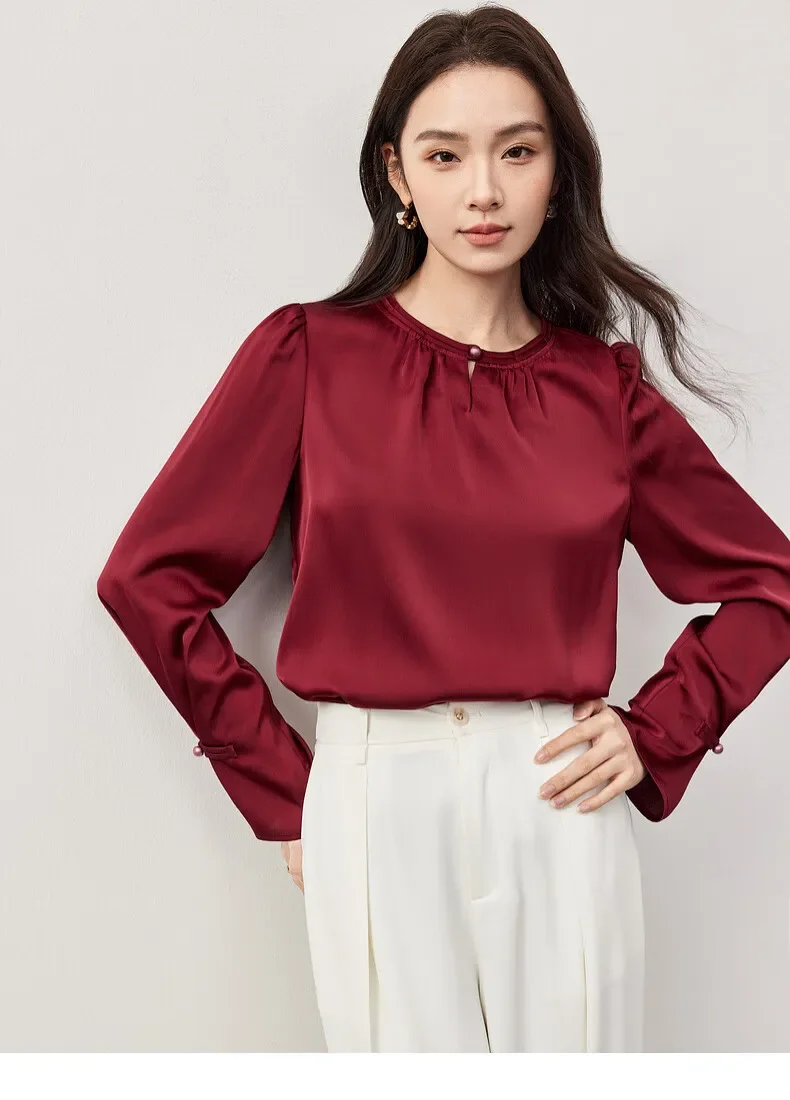 SENTUBILA, blusa calada de estilo chino para mujer, camisas y blusas de manga acampanada holgadas con cuello redondo para primavera y otoño 2025, 143V55637