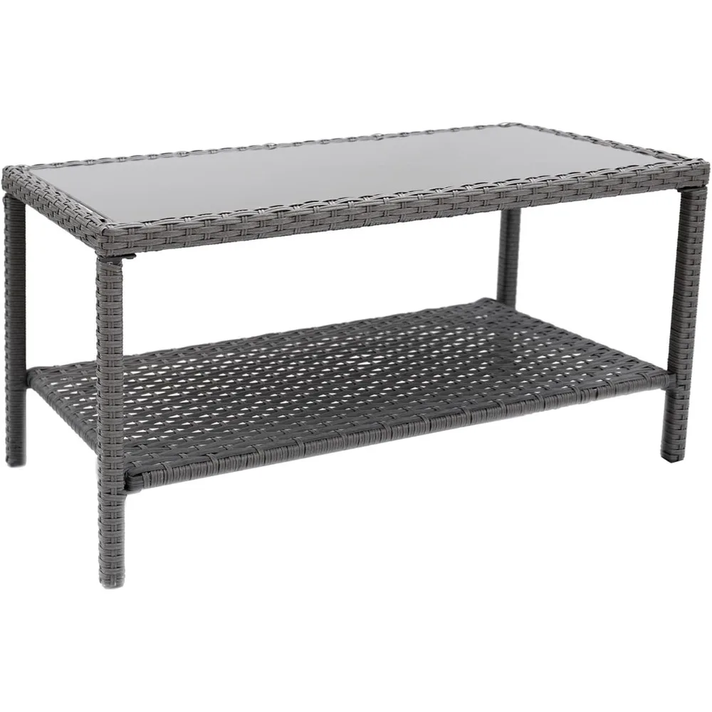 Helios&Hestia Rectangle All Weather Rattan Wicker Outdoor Coffee Side End Table with Glass Top for Patio, Deck, Backyard, Garden