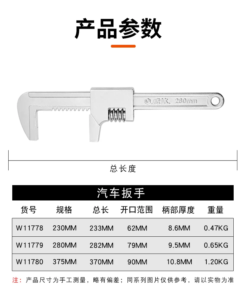 Automotive wrench, large opening adjustable wrench, multifunctional right angle adjustable wrench, water pipe wrench