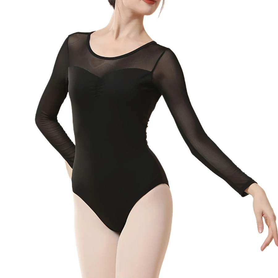 USHINE Bla Lace Bodysuit Long Sve Practice orm for Women Adult Yoga Fitn Clothes Polyester Fiber Ballet Me Splice