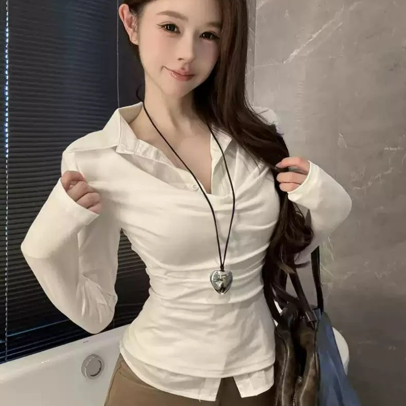 

Swinging Neck Long-sleeved T-shirt Women's Autumn Pure Desire Spice Girl Fashion Top Bottoming Shirt with White Shirt Inside
